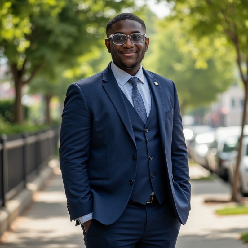 Tobi Sanni wearing a navy suit outdoors.